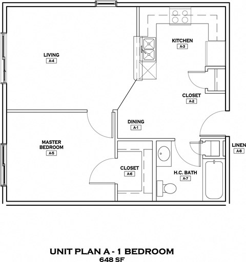 Floor plan for 1 bed, 1 bath, 648 sqft